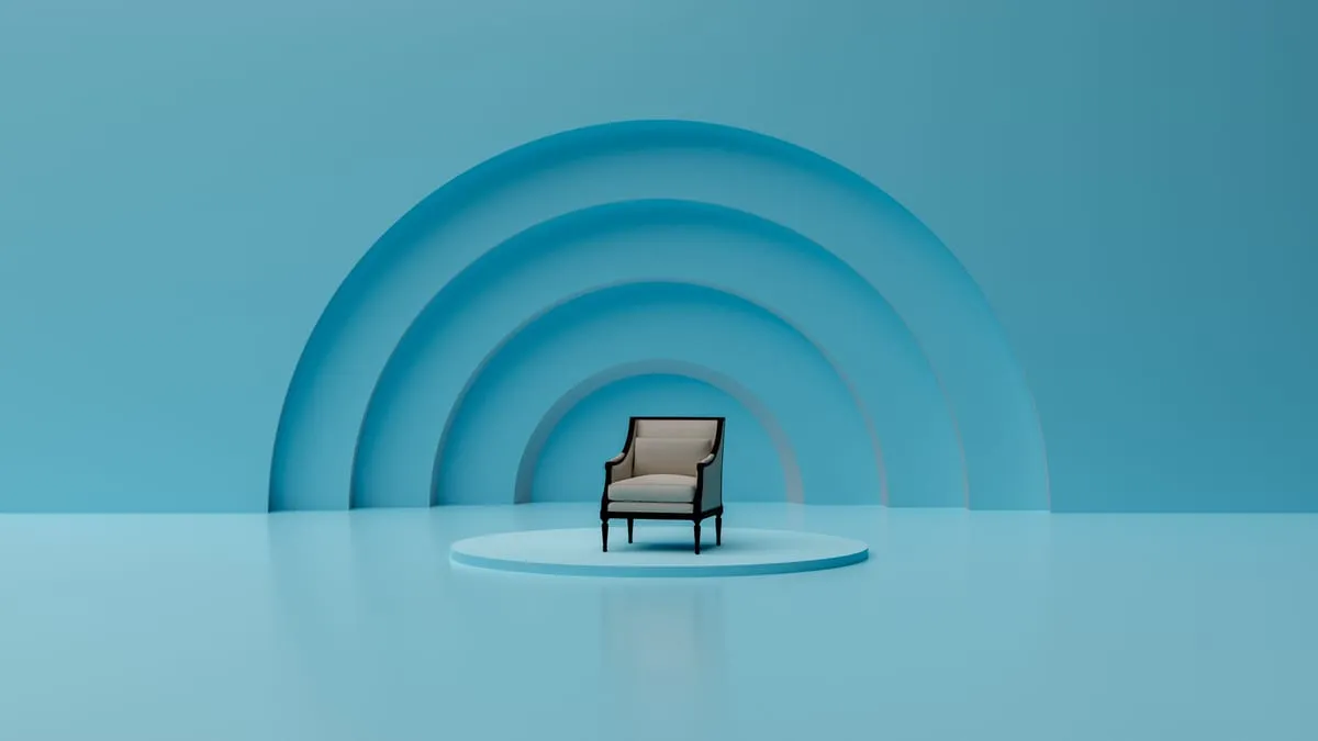An empty armchair on a round plinth under concentric blue arches