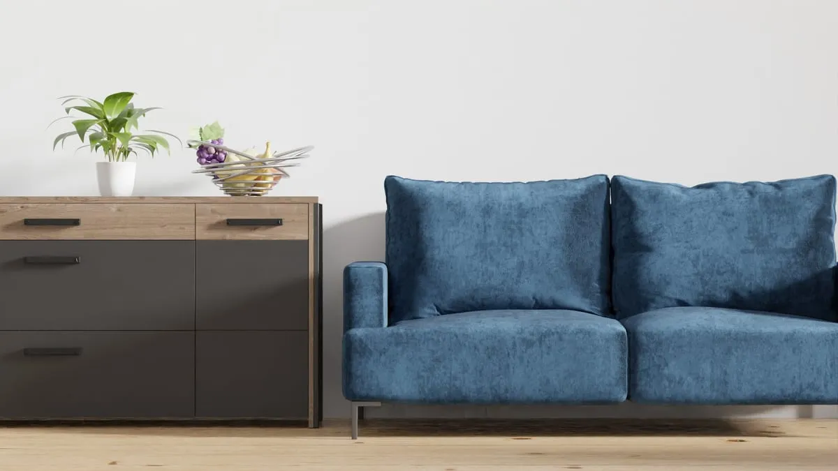 A modern sofa and plant in a sunlit living room